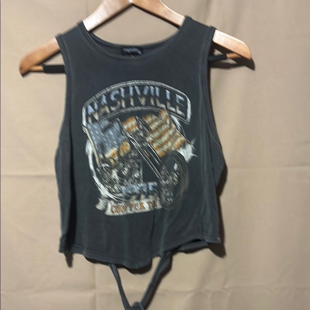 Gray Sleeveless Crop Muscle Tee with Graphic Tie Front